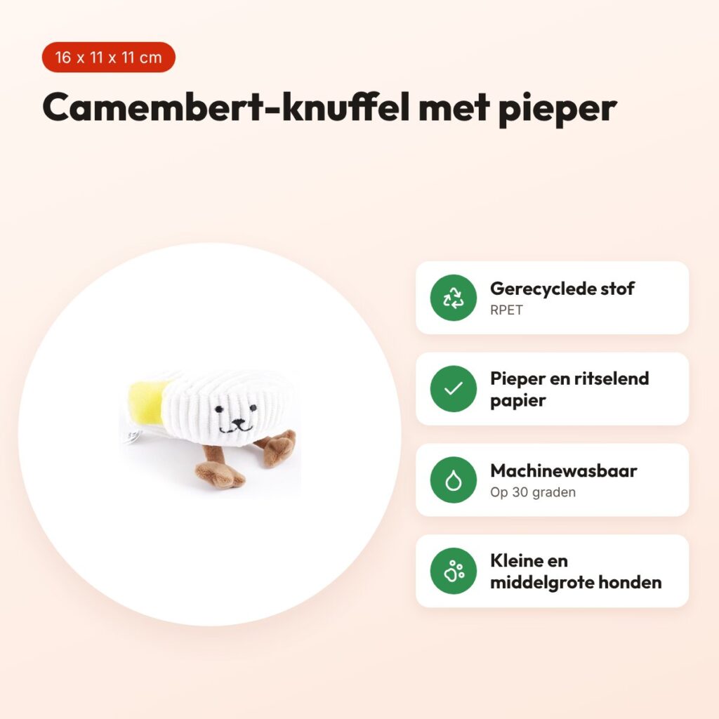 Martin hondenknuffel camembert 16 x 11 x 11 cm – pluche met pieper – voordelen