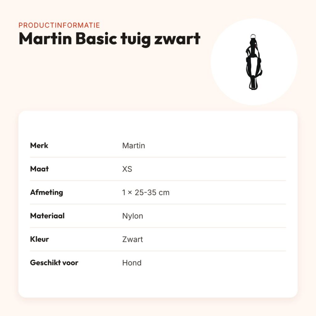 Martin hondentuig Basic nylon zwart 25-35 cm – maat XS – productinformatie