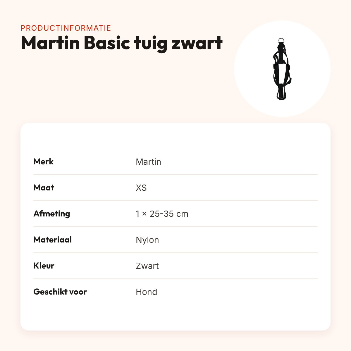 Martin hondentuig Basic nylon zwart 25-35 cm – maat XS – productinformatie
