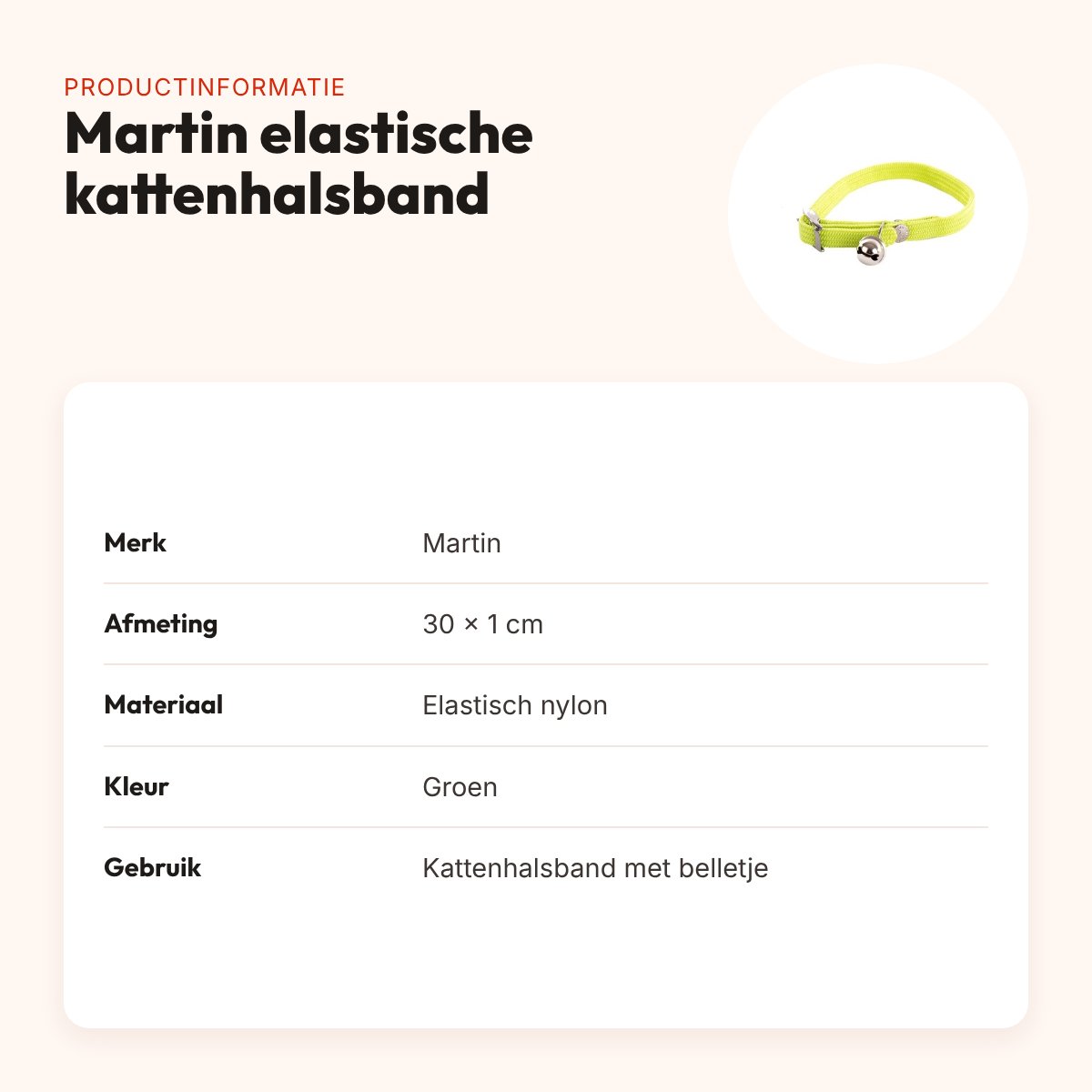 Martin kattenhalsband elastisch nylon groen 30 x 1 cm – met belletje – productinformatie