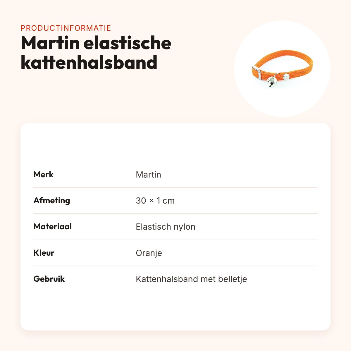 Martin kattenhalsband elastisch nylon oranje 30 x 1 cm – met belletje – productinformatie