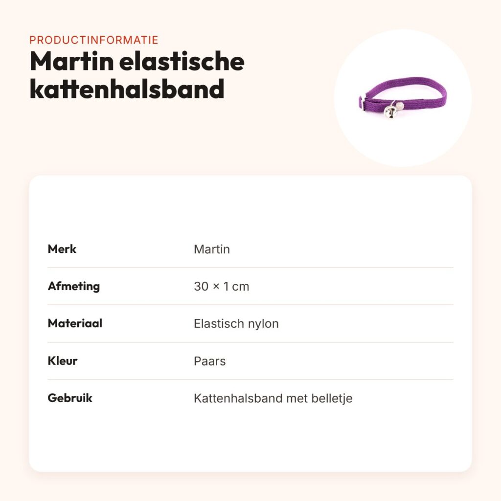 Martin kattenhalsband elastisch nylon paars 30 x 1 cm – met belletje – productinformatie