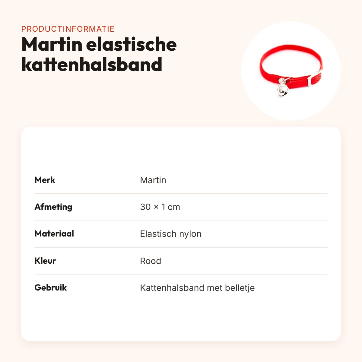 Martin kattenhalsband elastisch nylon rood 30 x 1 cm – met belletje – productinformatie