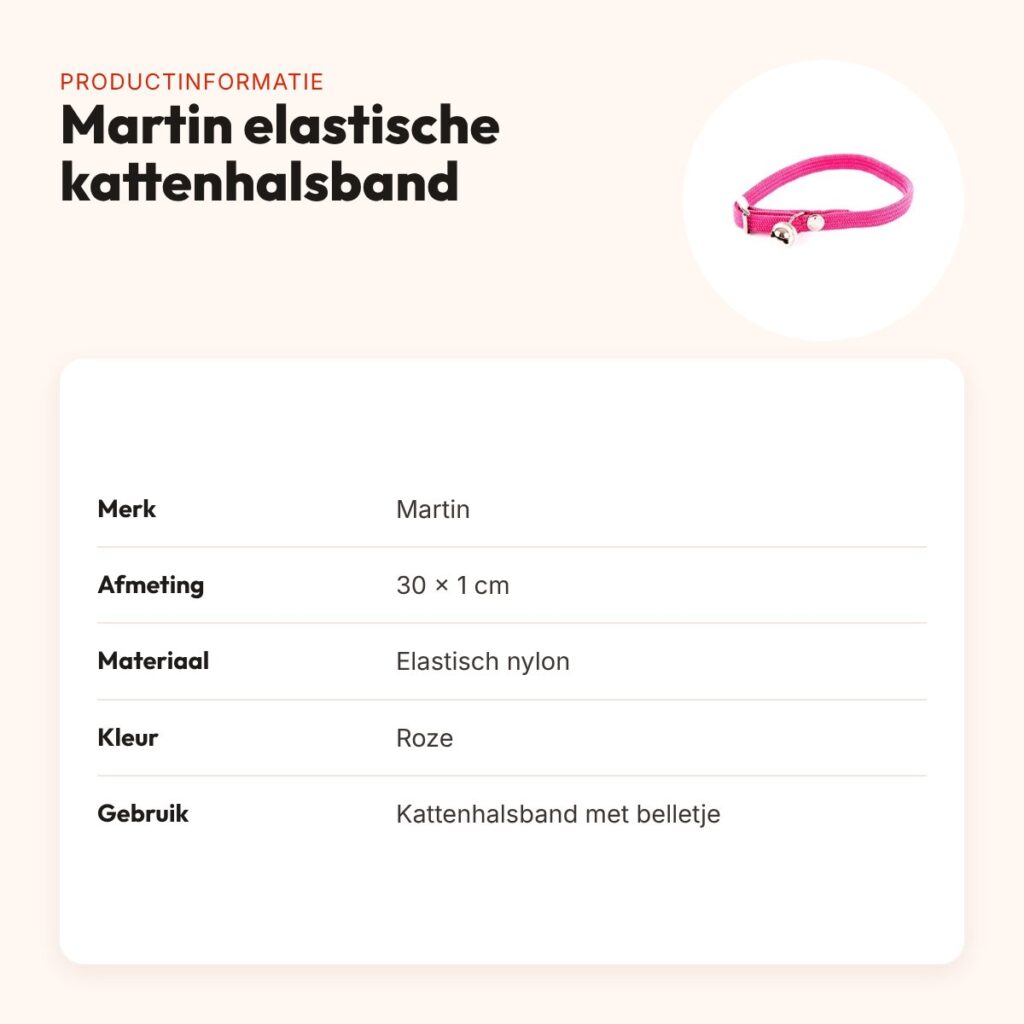 Martin kattenhalsband elastisch nylon roze 30 x 1 cm – met belletje – productinformatie