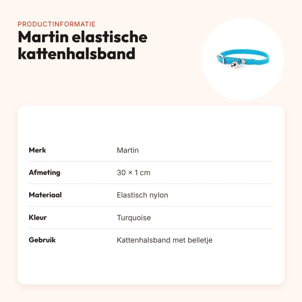 Martin kattenhalsband elastisch nylon turquoise 30 x 1 cm – met belletje – productinformatie