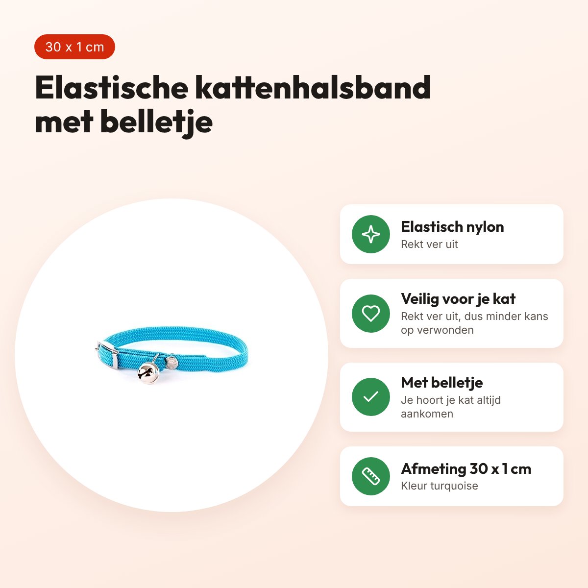 Martin kattenhalsband elastisch nylon turquoise 30 x 1 cm – met belletje – voordelen