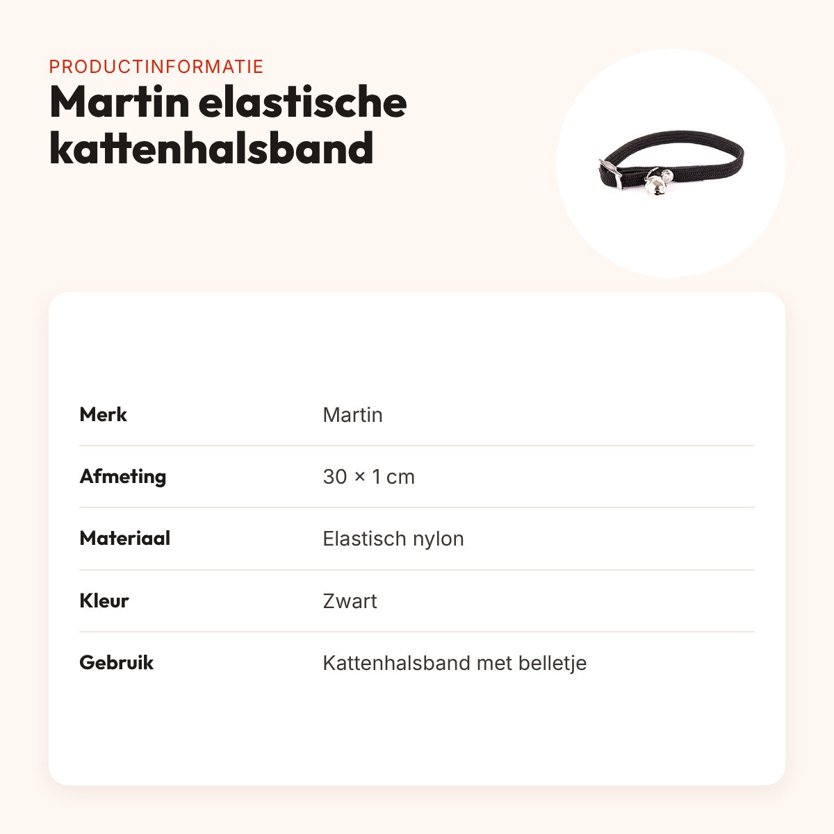 Martin kattenhalsband elastisch nylon zwart 30 x 1 cm – met belletje – productinformatie