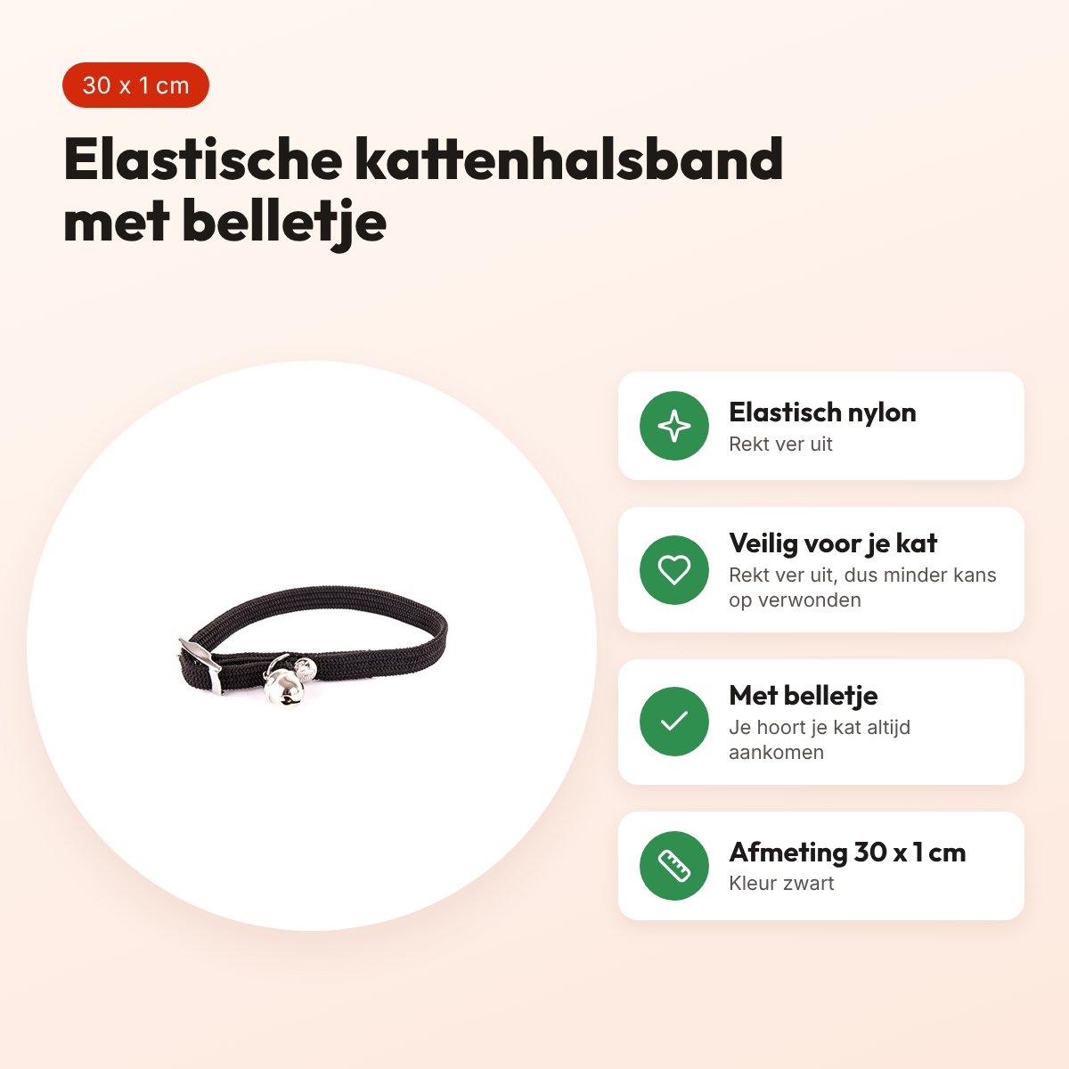 Martin kattenhalsband elastisch nylon zwart 30 x 1 cm – met belletje – voordelen