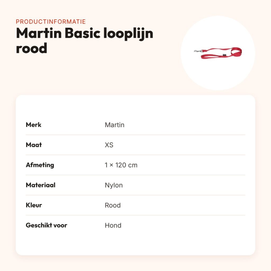 Martin looplijn Basic nylon rood 1 x 120 cm – maat XS – productinformatie