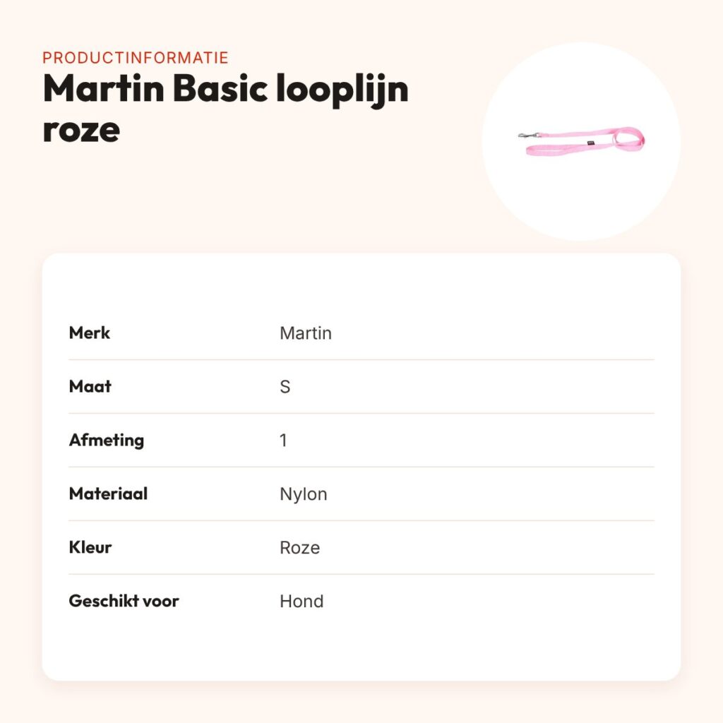 Martin looplijn Basic nylon roze 1,6 x 120 cm – maat S – productinformatie