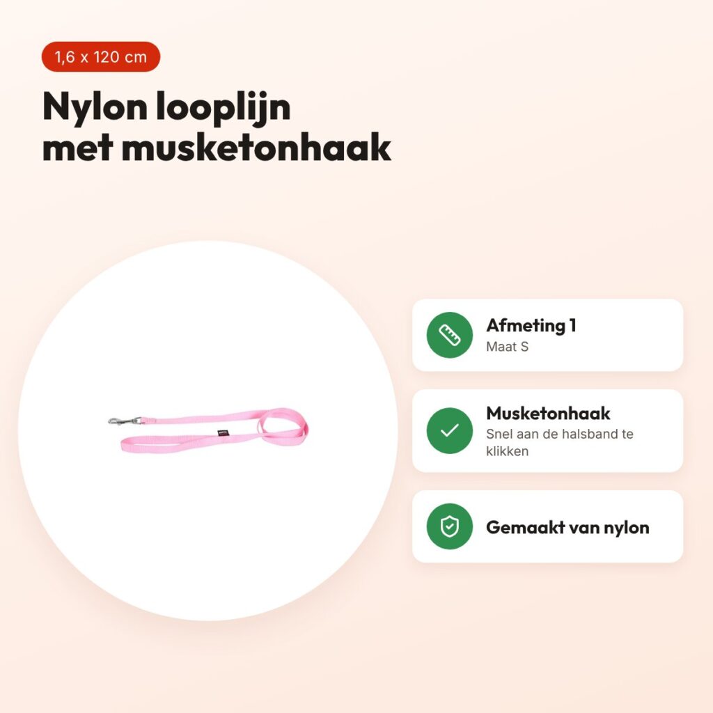 Martin looplijn Basic nylon roze 1,6 x 120 cm – maat S – voordelen