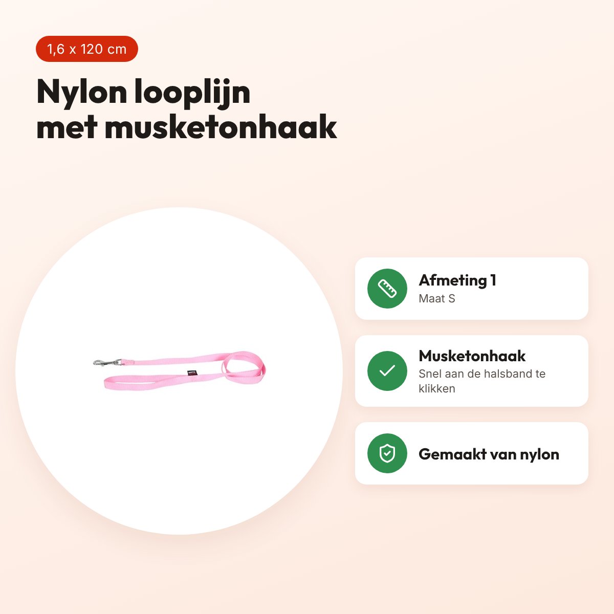Martin looplijn Basic nylon roze 1,6 x 120 cm – maat S – voordelen