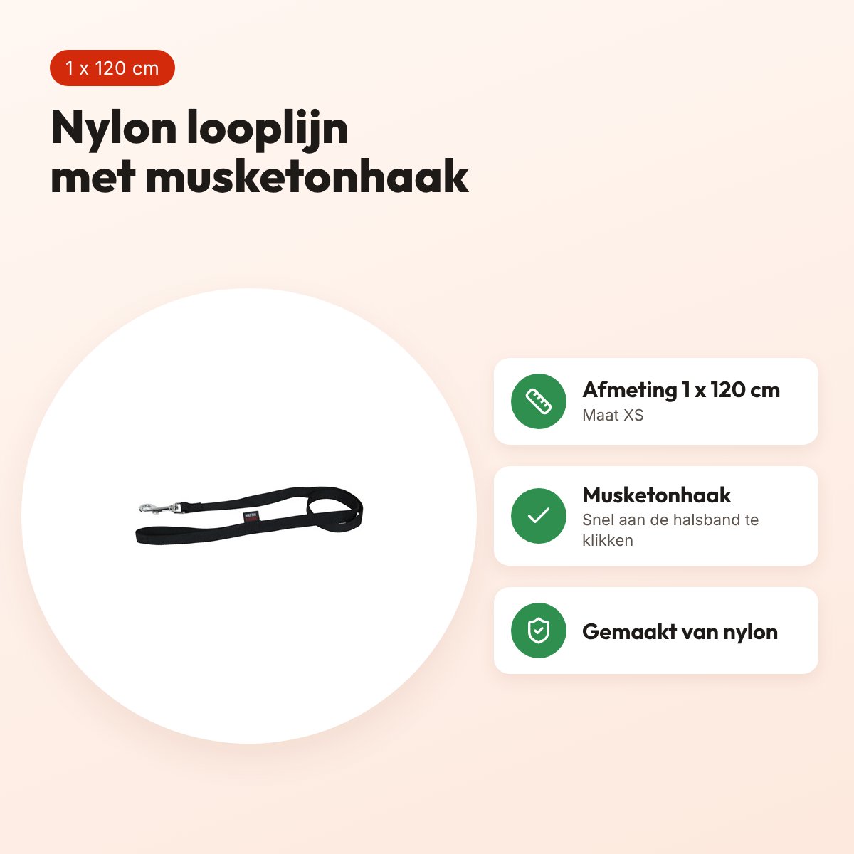 Martin looplijn Basic nylon zwart 1 x 120 cm – maat XS – voordelen