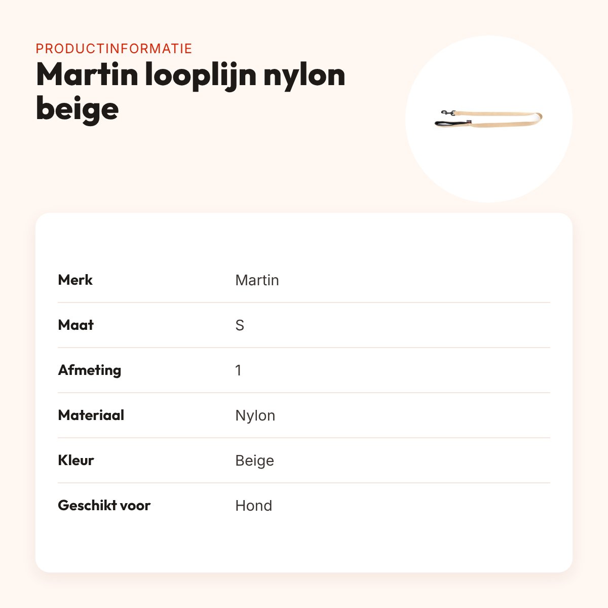 Martin looplijn nylon beige 1,6 x 120 cm – maat S – productinformatie