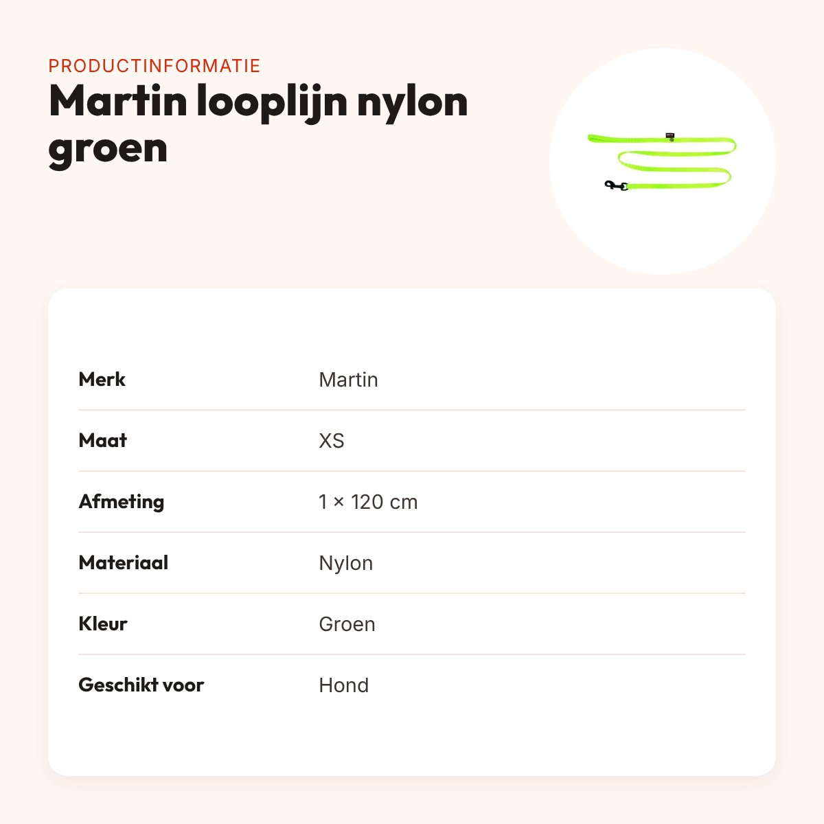 Martin looplijn nylon groen 1 x 120 cm – maat XS – productinformatie