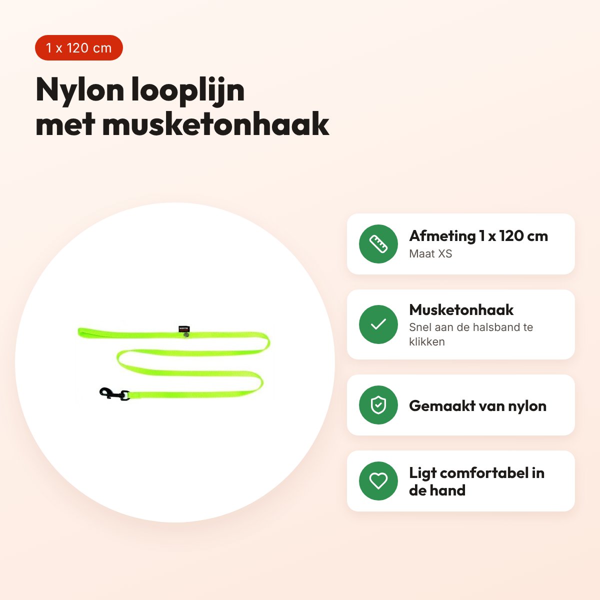Martin looplijn nylon groen 1 x 120 cm – maat XS – voordelen