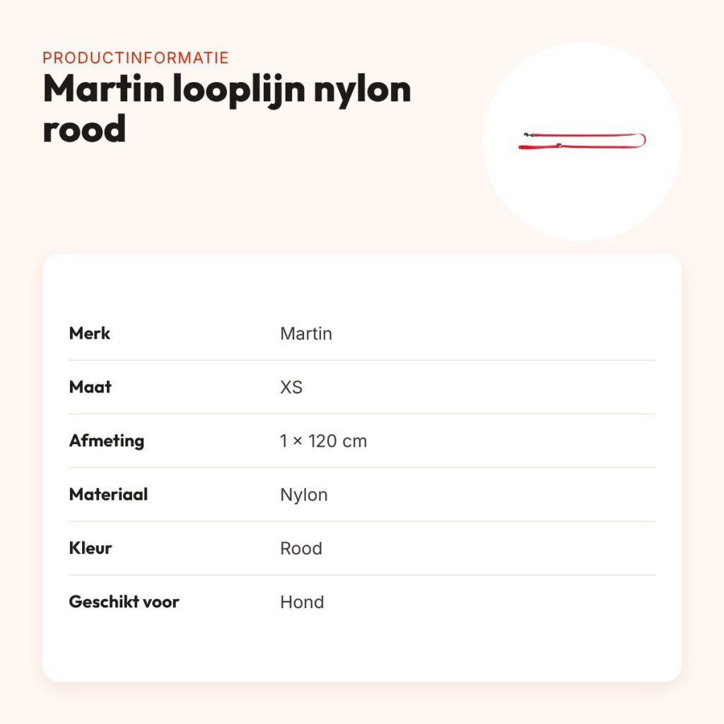Martin looplijn nylon rood 1 x 120 cm – maat XS – productinformatie