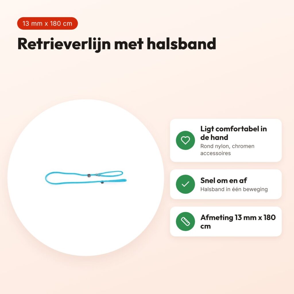 Martin retrieverlijn turquoise 13 mm x 180 cm – rond nylon met halsband – voordelen