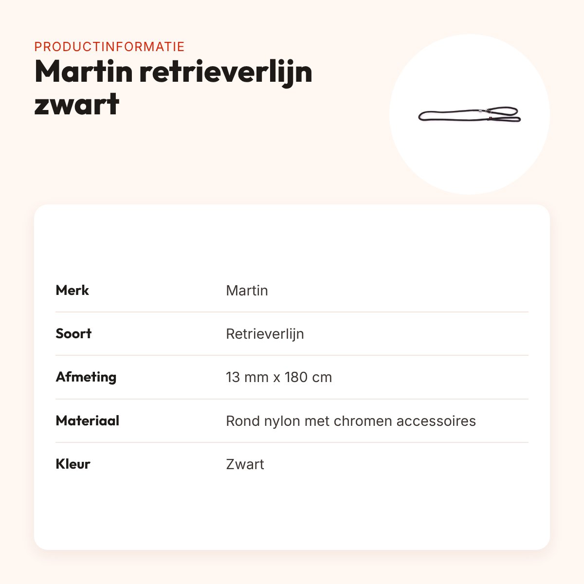 Martin retrieverlijn zwart 13 mm x 180 cm – rond nylon met halsband – productinformatie