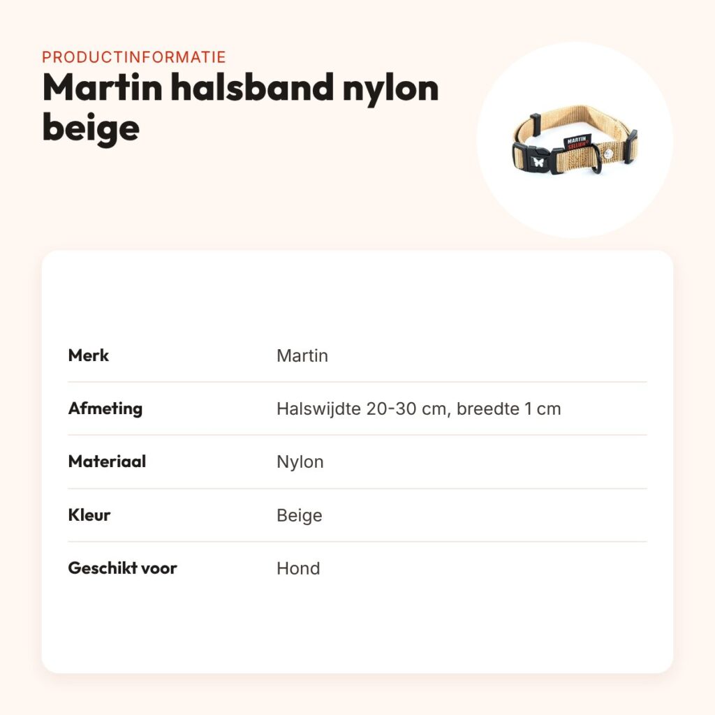 Martin verstelbare halsband nylon beige 20-30 cm – productinformatie