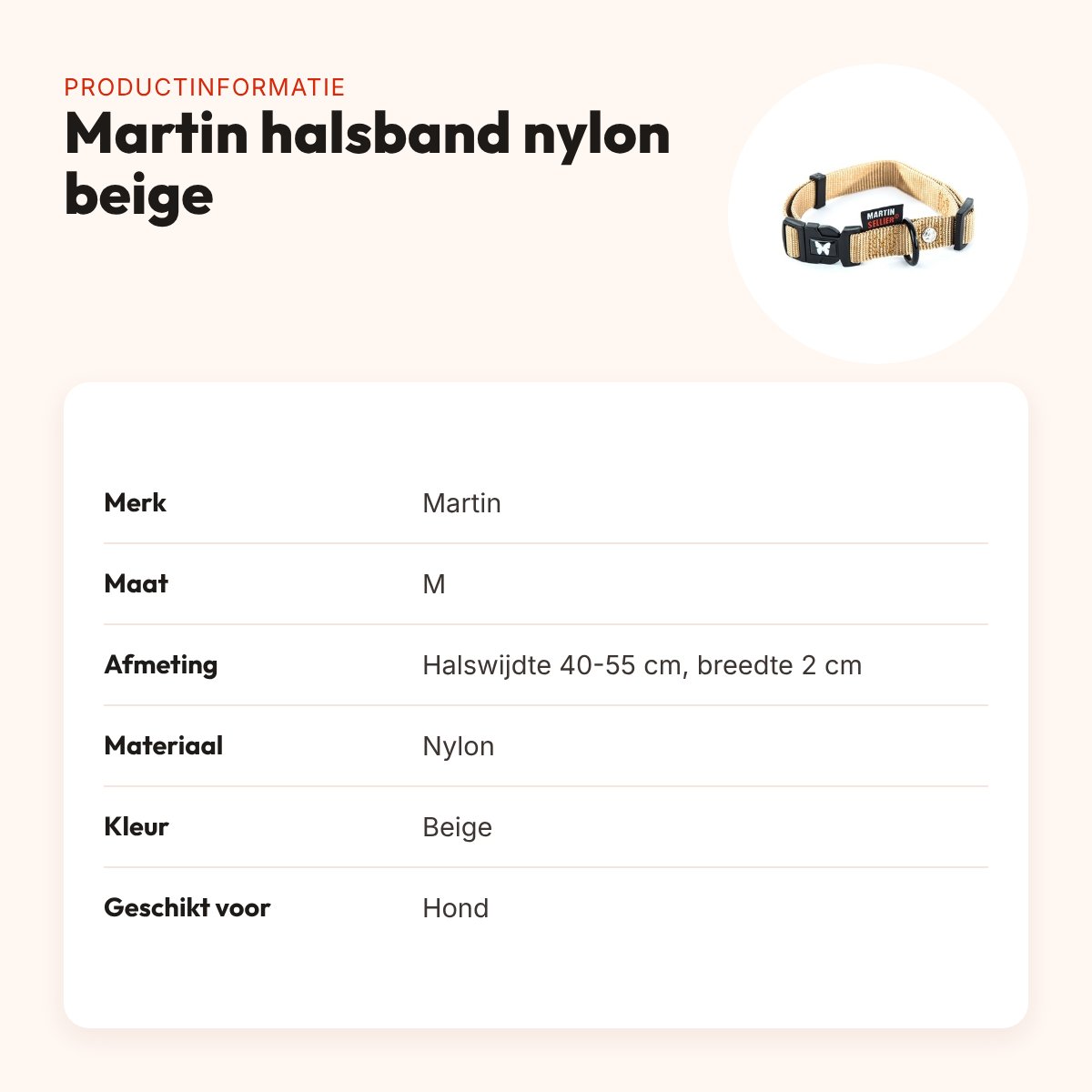 Martin verstelbare halsband nylon beige 40-55 cm – maat M – productinformatie