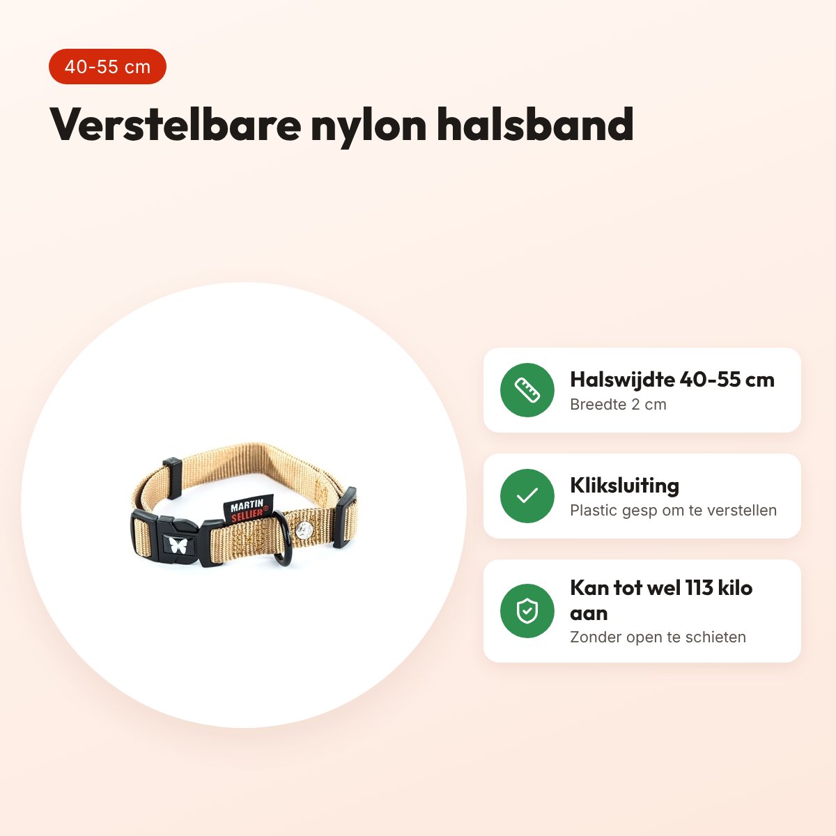 Martin verstelbare halsband nylon beige 40-55 cm – maat M – voordelen