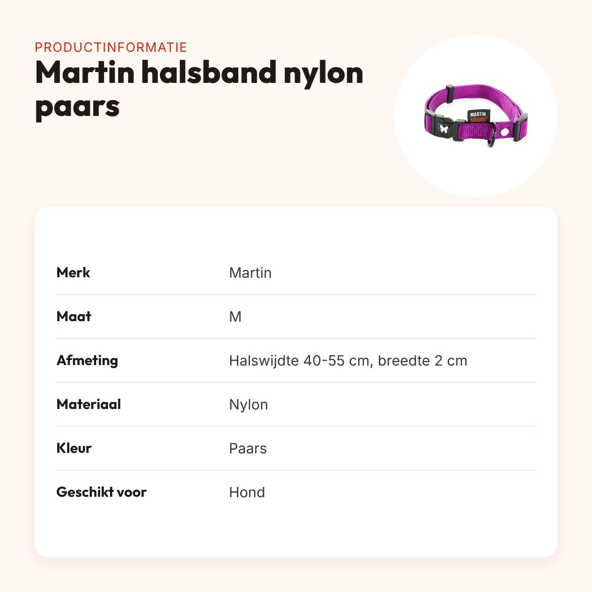 Martin verstelbare halsband nylon paars 40-55 cm – maat M – productinformatie