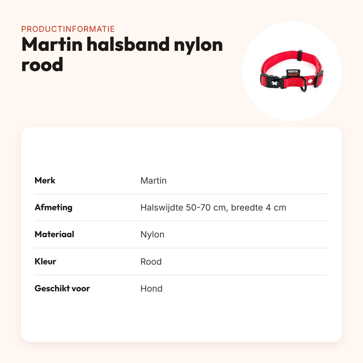Martin verstelbare halsband nylon rood 50-70 cm – productinformatie