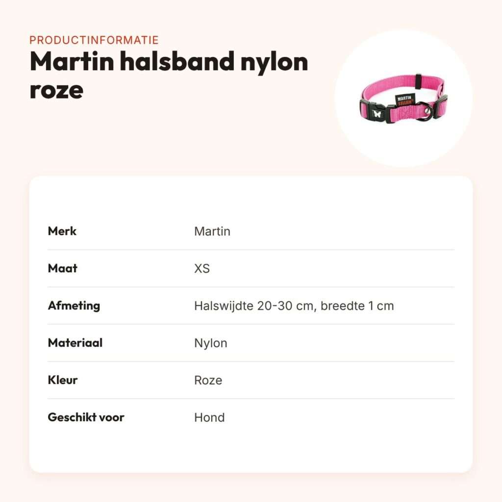 Martin verstelbare halsband nylon roze 20-30 cm – maat XS – productinformatie