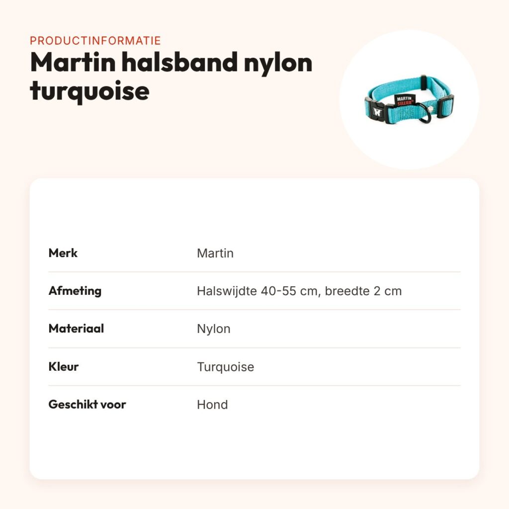 Martin verstelbare halsband nylon turquoise 40-55 cm – productinformatie