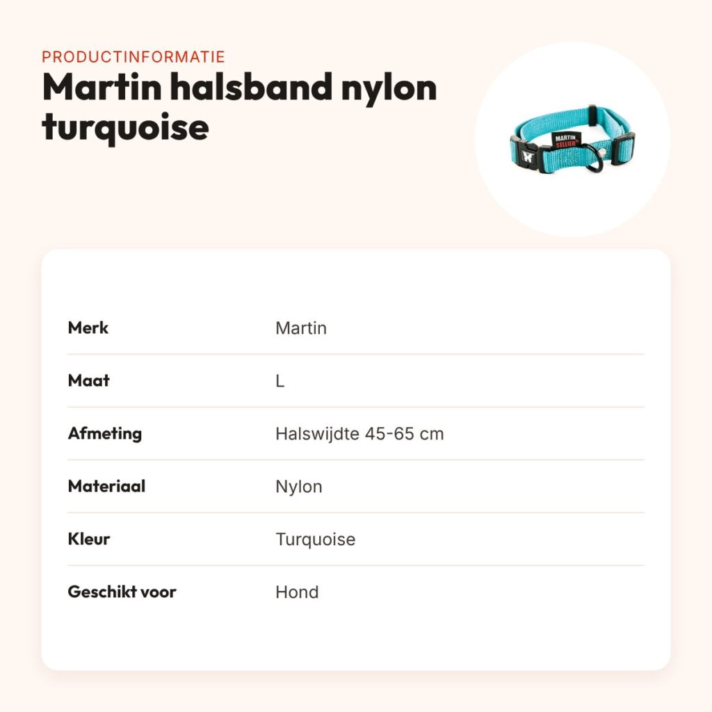 Martin verstelbare halsband nylon turquoise 45-65 cm – maat L – productinformatie