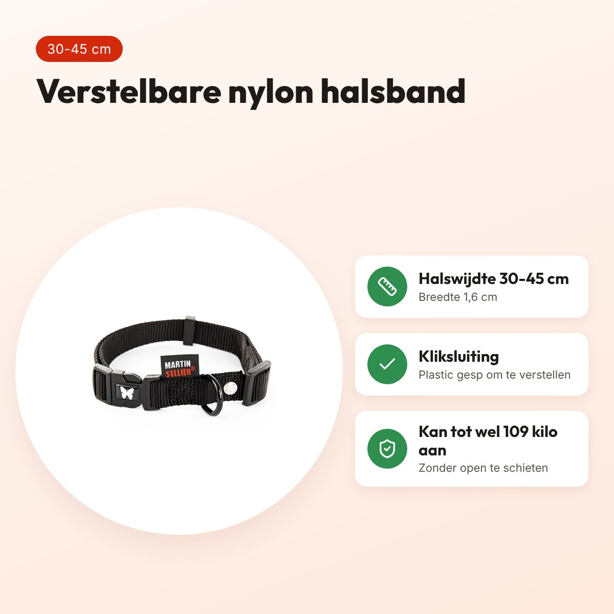 Martin verstelbare halsband nylon zwart 30-45 cm – maat S – voordelen