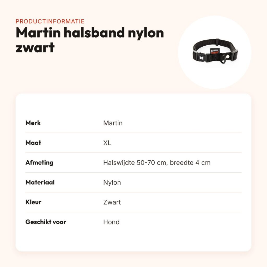 Martin verstelbare halsband nylon zwart 50-70 cm – maat XL – productinformatie