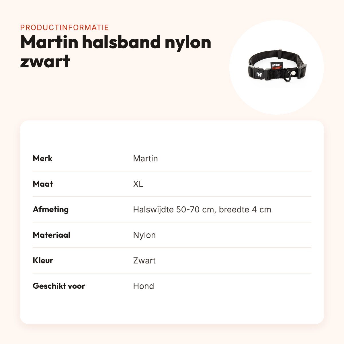 Martin verstelbare halsband nylon zwart 50-70 cm – maat XL – productinformatie