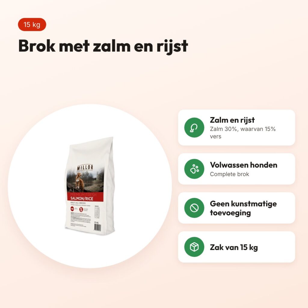 Millor hondenvoer Adult zalm en rijst 15 kg – complete brok – voordelen