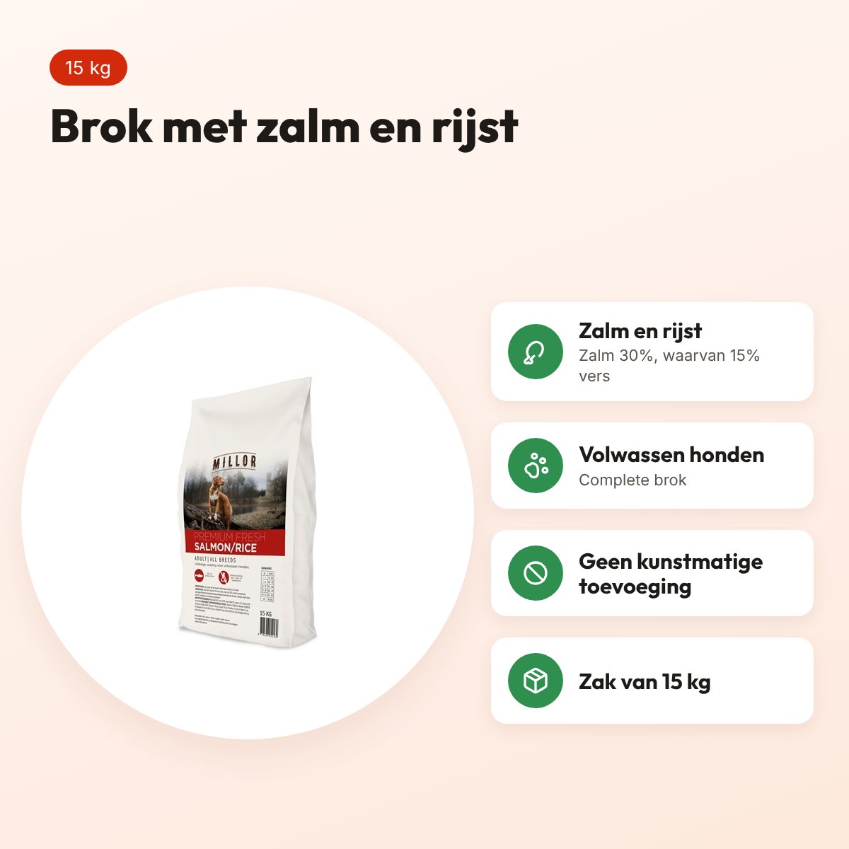 Millor hondenvoer Adult zalm en rijst 15 kg – complete brok – voordelen