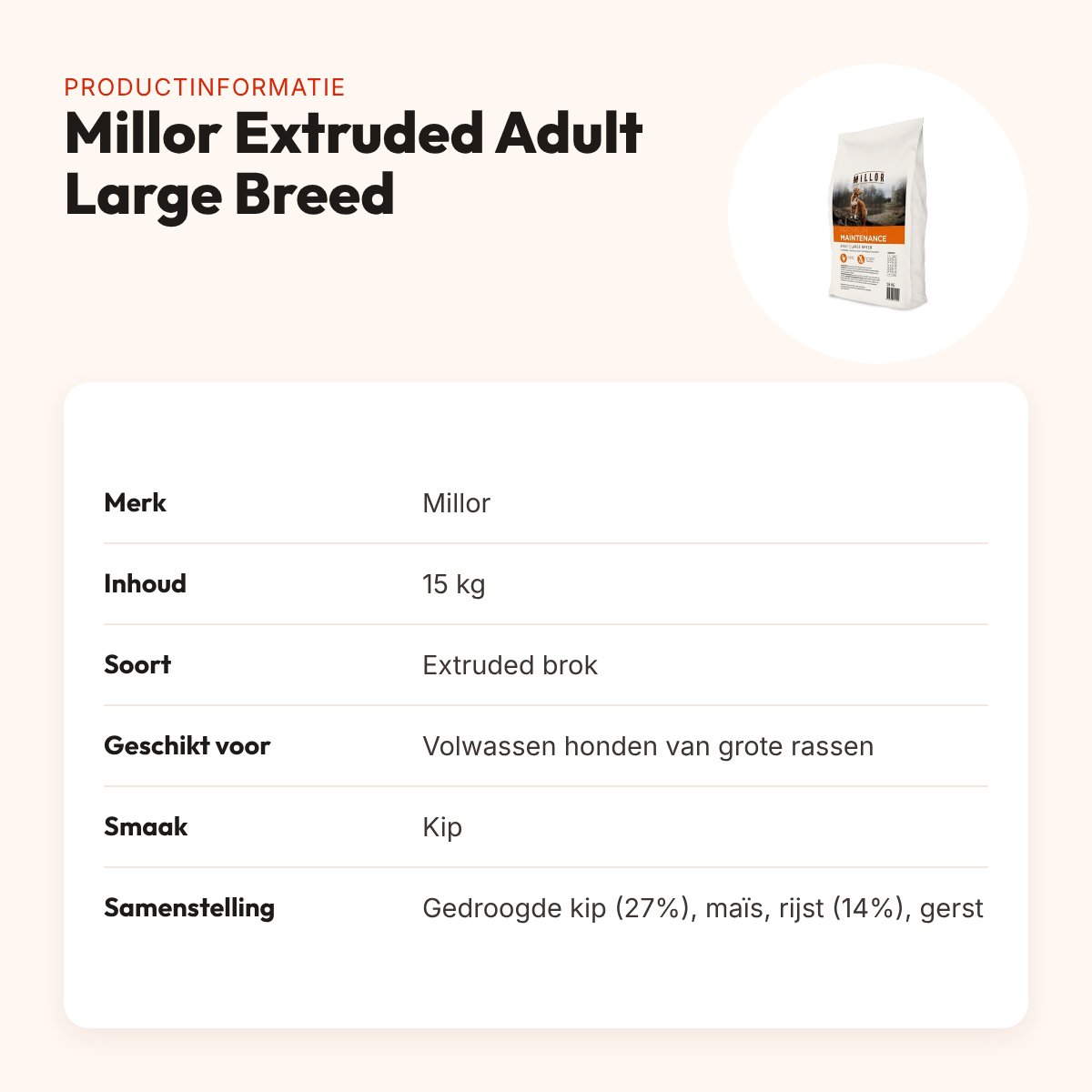 Millor hondenvoer Extruded Adult Maintenance Large Breed 15 kg – gevogelte – productinformatie