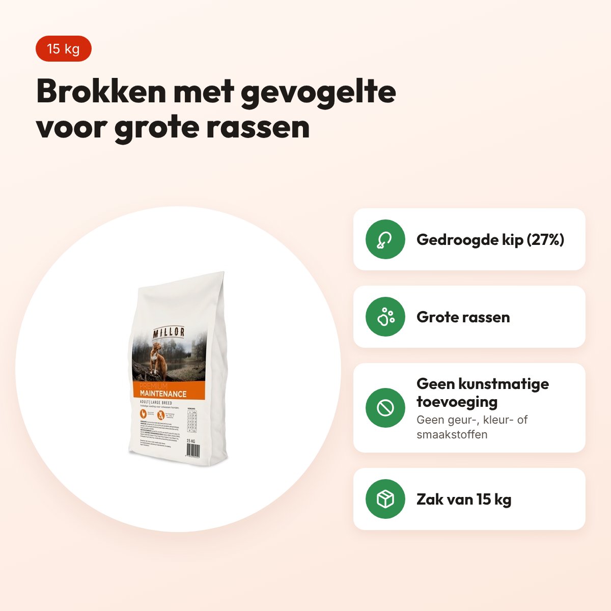 Millor hondenvoer Extruded Adult Maintenance Large Breed 15 kg – gevogelte – voordelen