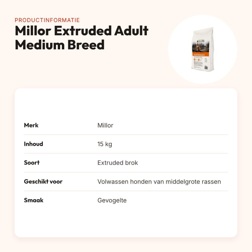 Millor hondenvoer Extruded Adult Maintenance Medium Breed 15 kg – gevogelte – productinformatie