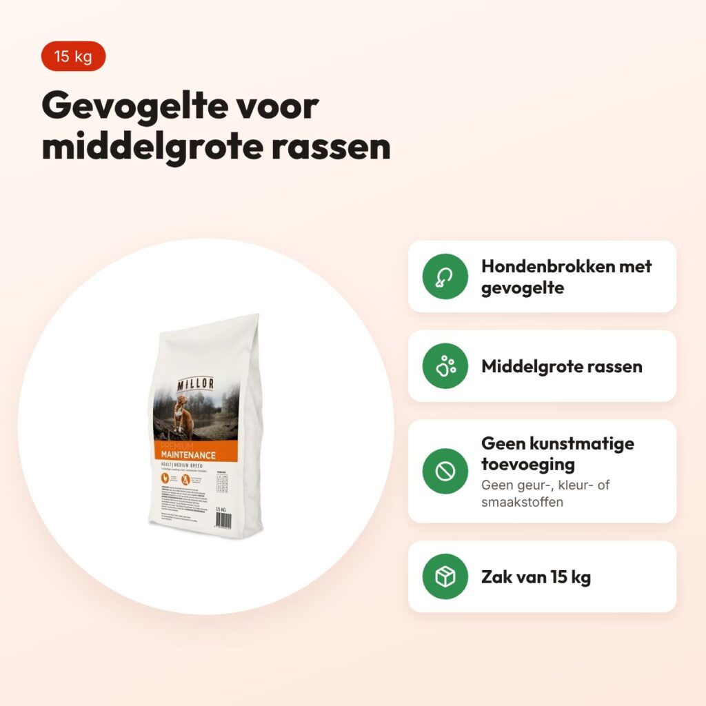 Millor hondenvoer Extruded Adult Maintenance Medium Breed 15 kg – gevogelte – voordelen