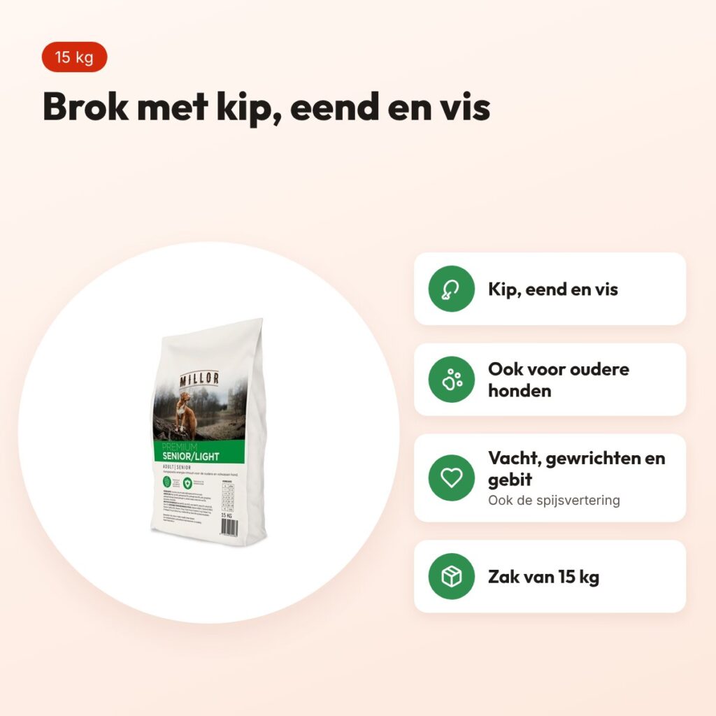 Millor hondenvoer Extruded Adult Senior/Light 15 kg – kip, eend en vis – voordelen