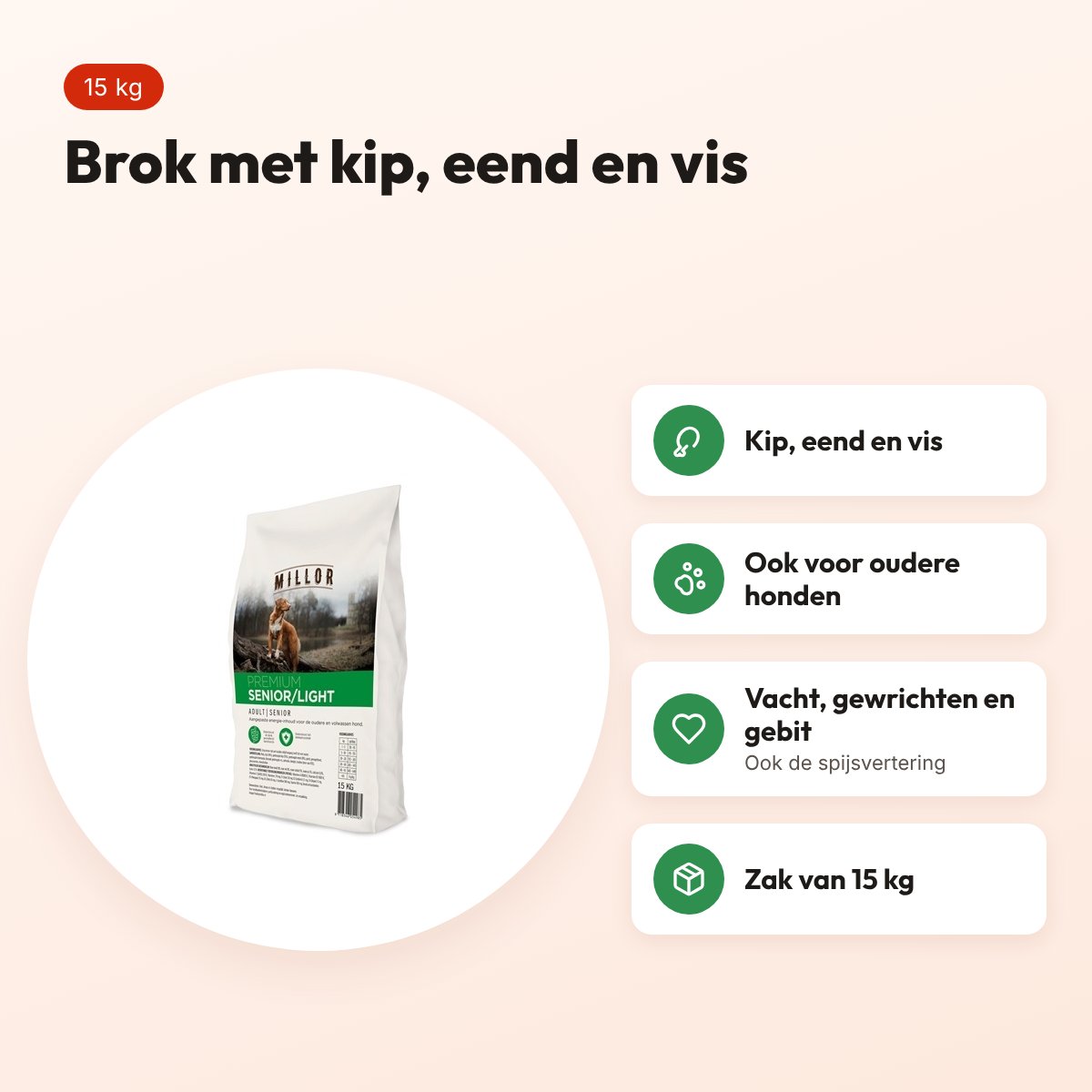Millor hondenvoer Extruded Adult Senior/Light 15 kg – kip, eend en vis – voordelen