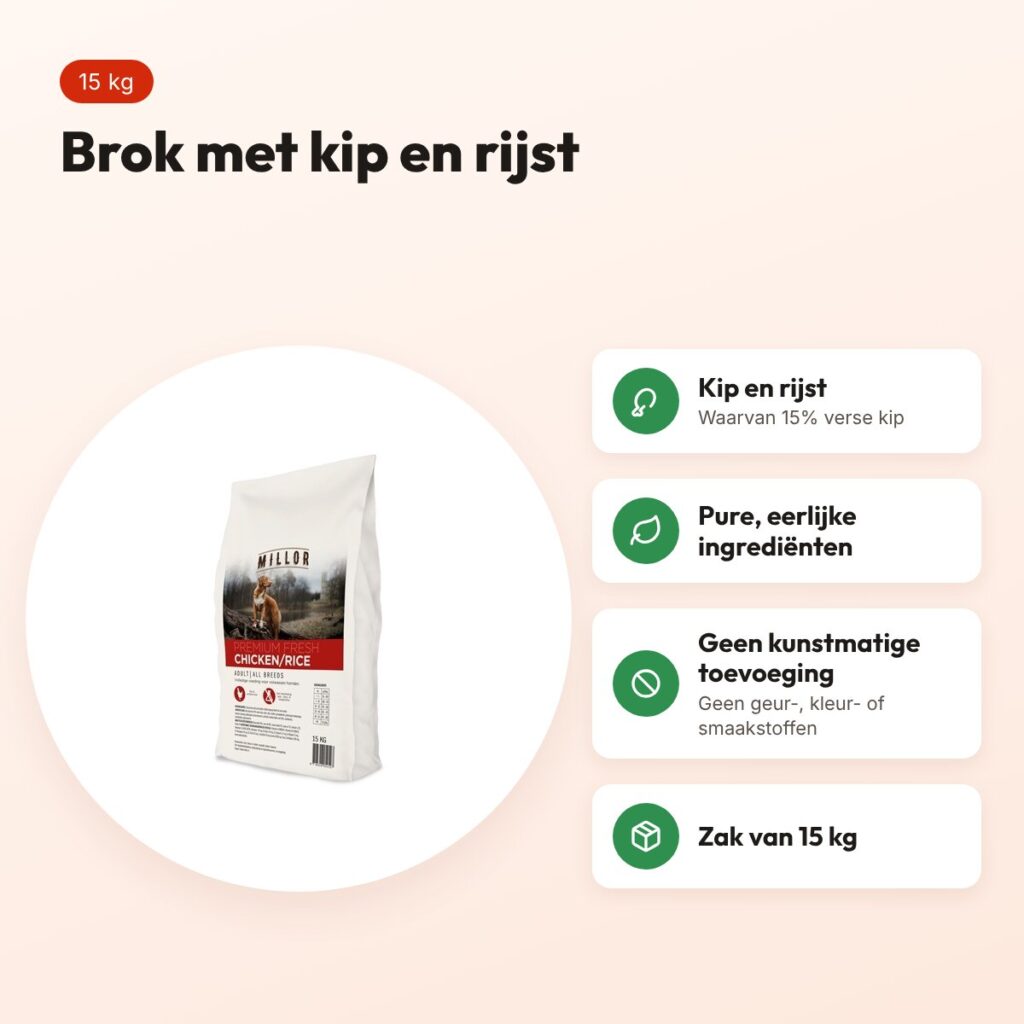 Millor hondenvoer Premium Extruded Fresh Adult kip en rijst 15 kg – voordelen