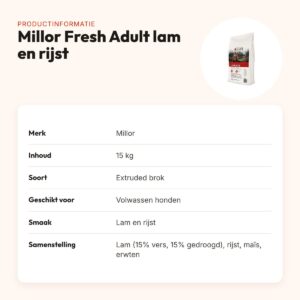 Millor hondenvoer Premium Extruded Fresh Adult lam en rijst 15 kg – productinformatie