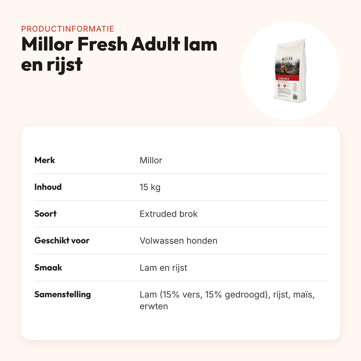 Millor hondenvoer Premium Extruded Fresh Adult lam en rijst 15 kg – productinformatie