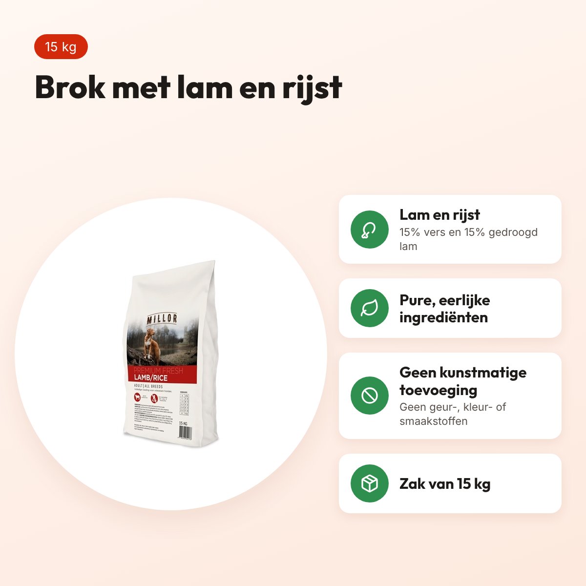Millor hondenvoer Premium Extruded Fresh Adult lam en rijst 15 kg – voordelen