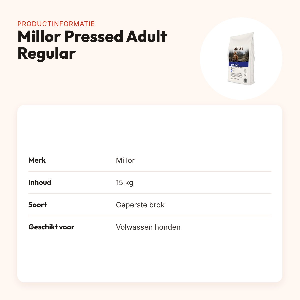 Millor hondenvoer Premium Pressed Adult Regular 15 kg – productinformatie