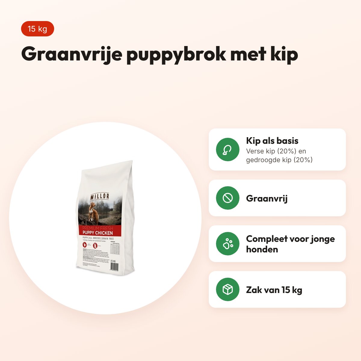 Millor hondenvoer Puppy kip 15 kg – graanvrij – voordelen