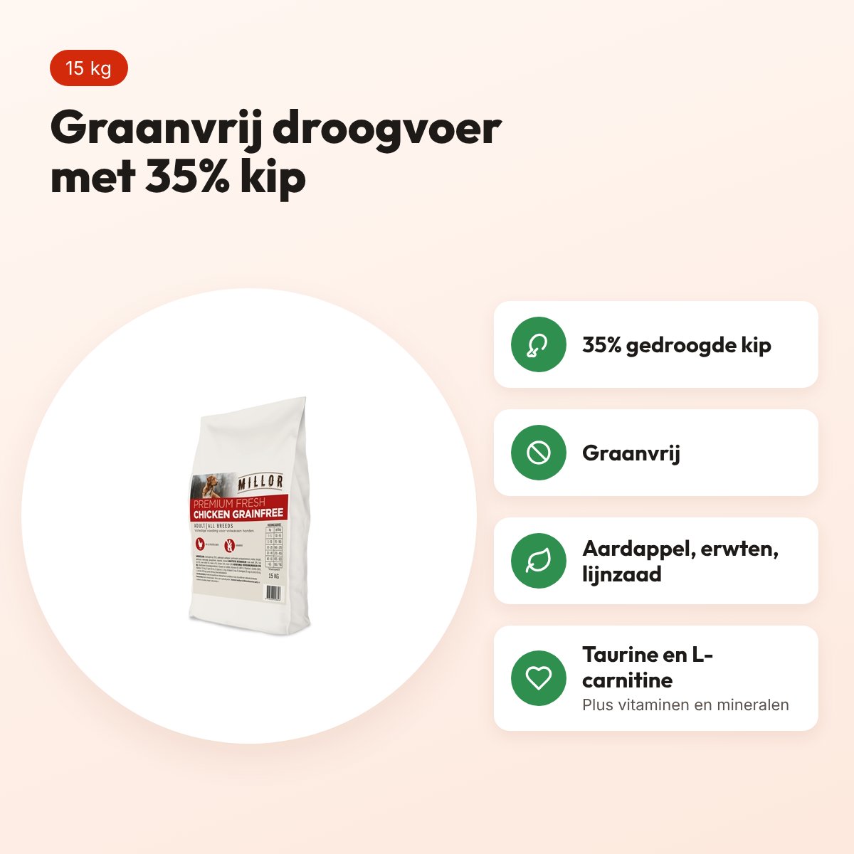 Millor Premium hondenvoer Extruded Fresh Adult kip graanvrij 15 kg – voordelen
