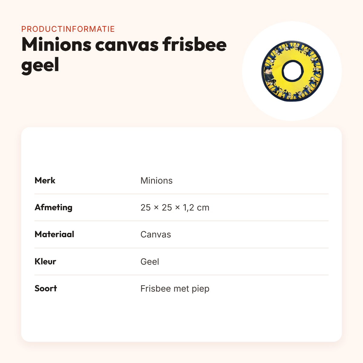 Minions hondenspeelgoed frisbee canvas geel 25 x 25 x 1,2 cm – met pieper – productinformatie